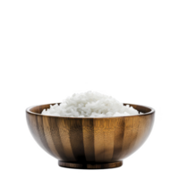 wooden bowl filled with fluffy white rice, showcasing simple and elegant presentation. natural texture of bowl contrasts with soft grains, creating harmonious visual appeal png