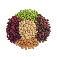 colorful assortment of nuts and dried fruits arranged in circular pattern, featuring almonds, cashews, raisins, and green pistachios. vibrant display highlights variety and texture png
