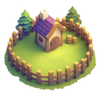 charming, small cottage with purple roof is surrounded by wooden fence and lush greenery, including two trees and barrels, creating cozy, inviting atmosphere png