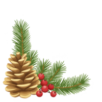 pine cone and evergreen branches with red berries create festive, natural arrangement. composition evokes sense of holiday cheer and winter beauty png