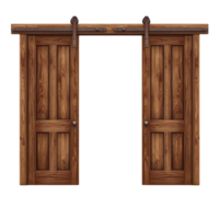 rustic wooden sliding barn door with natural finish and metal hardware, perfect for adding touch of farmhouse charm to any interior space png
