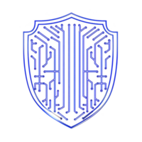 This features blue shield with circuit board design, symbolizing digital security and technology protection. intricate pattern suggests focus on cybersecurity and innovation png