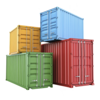 Colorful shipping containers stacked in balanced arrangement, featuring blue, red, green, and yellow units. These containers are commonly used for transporting goods across various distances png