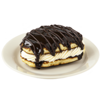 delicious eclair topped with rich chocolate glaze and filled with creamy vanilla custard sits on white plate, creating tempting dessert display png