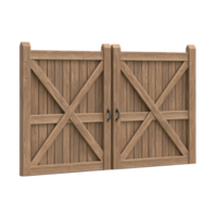 wooden double gate with rustic design features diagonal cross bracing and metal handles, providing sturdy and traditional appearance. natural wood texture adds warmth and charm png
