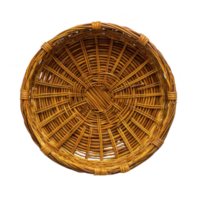 round wicker basket with natural woven pattern, perfect for rustic home decor or storage. basket earthy tones and intricate design add touch of warmth and charm png