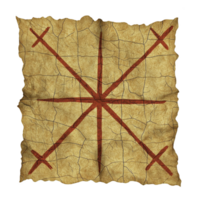 This features ancient, weathered parchment with red, symmetrical symbol resembling star or compass. parchment appears cracked and aged, adding to its historical and mysterious feel. Ancient png