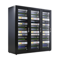 sleek, modern server rack filled with various network equipment and blinking lights, showcasing advanced technology in data center environment png