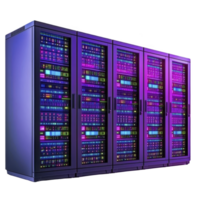row of illuminated server racks with vibrant purple and blue lights showcases advanced technology in data center environment. sleek design emphasizes modern computing power png