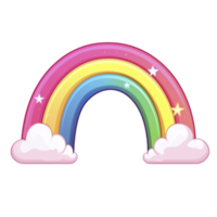 colorful cartoon rainbow arches over fluffy white clouds, with twinkling stars adding magical touch. vibrant colors create cheerful and whimsical atmosphere png