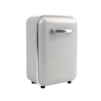 sleek, retro style white mini fridge with chrome handle, perfect for compact spaces and adding vintage touch to any room. Its minimalist design is both functional and stylish png