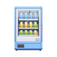 blue vending machine filled with colorful bottles of drinks, including orange, green, and blue, is displayed. machine has glass front and multiple shelves png