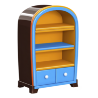 colorful, retro style bookshelf with curved top features three shelves and two drawers, combining vibrant blue, orange, and black colors. Its playful design adds cheerful touch to any room png