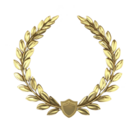 golden laurel wreath with small shield at base symbolizes victory and achievement, often associated with honor and prestige. shiny gold leaves create elegant and classic appearance png