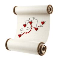 rolled parchment map with dotted path and red hearts marks whimsical journey. map vintage style and playful design evoke sense of adventure and romance png