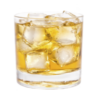 glass of whiskey on rocks with large ice cubes, creating refreshing and classic drink presentation. amber liquid contrasts with clear ice, enhancing its appeal png