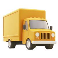 3D illustration of yellow delivery truck with boxy design and rounded edges, conveying playful and cheerful vibe. truck is depicted in simplistic and cartoonish style png