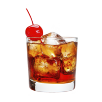 glass of whiskey on rocks with cherry garnish, showcasing refreshing and classic cocktail. ice cubes glisten, enhancing drink rich amber color png