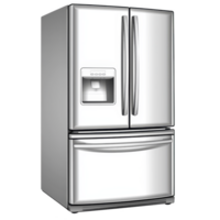 modern stainless steel refrigerator with sleek design features double doors and bottom freezer drawer. appliance includes built in water and ice dispenser for convenience png