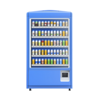 blue vending machine filled with various colorful beverage bottles is displayed, offering wide selection of drinks. machine is modern and sleek, with transparent front showcasing neatly arranged png