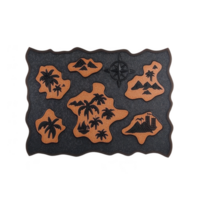 This features decorative map with island motifs, palm trees, and mountains textured background. design includes compass rose, adding nautical theme to artwork. decorative map with islands and palm png