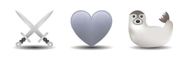3 emoticons isolated on white background. Gray color heart, swords, seal emoji illustration. 3d illustration set. vector