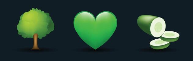 3 emoticons isolated on white background. Green color heart, oak tree, cucumber emoji illustration. 3d illustration set. vector