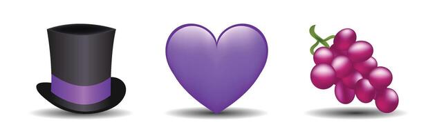 3 emoticons isolated on white background. Violet color heart, magic hat, grape emoji illustration. 3d illustration set. vector