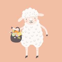 Cartoon sheep with a basket of spring flowers, flat style illustration vector