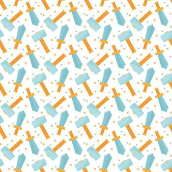 Game weapon background with adventure elements. Seamless sword and hammer pattern vector