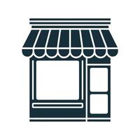 A dark-blue storefront icon with a striped awning large window and a smaller side door. It's a simple clean design suitable for various applications. vector