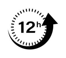 A black and white graphic design depicting a clock with an upward arrow indicating a 12-hour delivery timeframe. vector