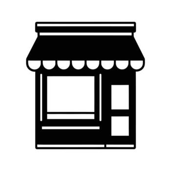 A minimalist black and white illustration of a small storefront building with a striped awning a large window and a door. It's a simple easily recognizable icon. vector