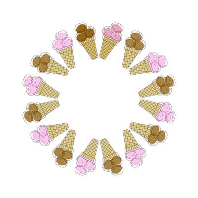 Poster, frame with chocolate and fruit ice cream, place for text. Banner food. Waffle cone, balls of frozen dessert, drawing. Summer, design poster, banner, menu, bar, cafe, recipes, restaurant.