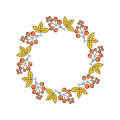 Leaves, berries. Autumn set. Round frame, banner with space for text. Leaf fall, doodles, drawings, sketch. Natural botanical background.