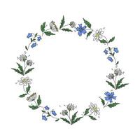 Hand drawn flowers. Round frame, border. Cartoon multi-coloured meadow plants. Place for text. Hand drawing, doodle illustration. Colour icons Dandelion, chamomile, bluebell. vector
