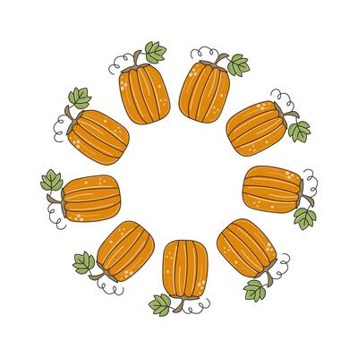 Frame with cartoon pumpkin. Contour drawing, doodle, vegetable. Harvest, natural vegetarian food. Autumn banner, poster with space for text. Halloween. illustration. White isolated background.