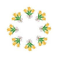 Flowers, yellow tulips with a bow. Hand drawn flowers. Round frame, border. Place for text. Drawing, isolated on white background. vector