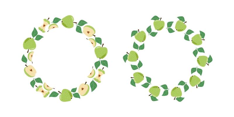 Apples, whole and halves of fruit. Banner, set of round frames. Garden harvest. Illustrations for menu design, bar, cafe, recipes, restaurant. Place for text, white isolated background.