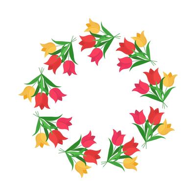 Banner, festive floristic round frame. Flowers, multicolored tulips. Natural plant border. Postcard. Drawing, graphics, isolated on white background.