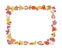 Rectangular background. Autumn set of leaves, mushrooms, berries. Frame, banner. Flytree, branches, doodle, drawings. Natural botanical background. Plant frame, border, postcard. vector