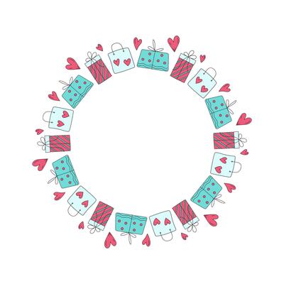 Round frame, banner with a set of gifts, hearts, holiday packaging. Gift boxes, packages. Drawing, doodle. Bright background for design for a wedding, birthday.
