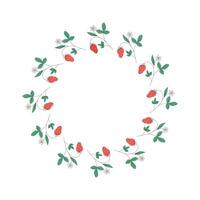 Strawberry plant, berries drawing. Round frame, background with space for text. Strawberry with leaves, flowers, doodle hand drawn illustration, summer botanical natural template. Line icons. vector
