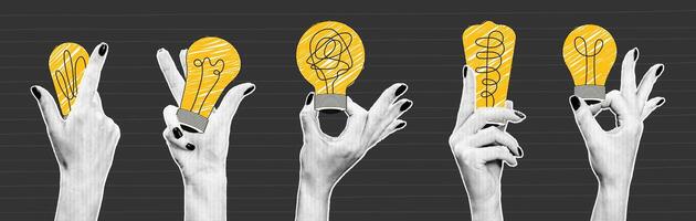 Creative collage of hands holding light bulbs depicting the flow of ideas and innovation in a modern artistic representation. vector