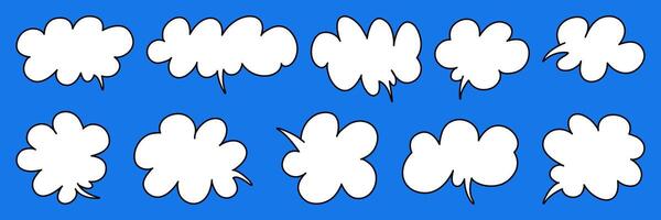 Speech bubbles are arranged in various shapes. Drawn hands emerge from the bubbles, suggesting an animated dialogue or lively exchange of ideas. vector