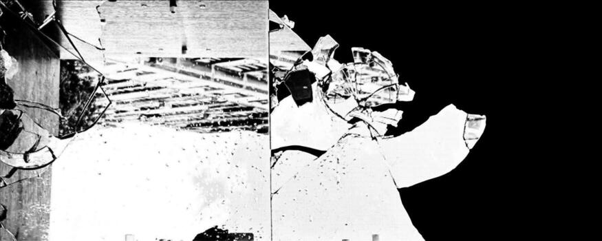 Broken mirror fragments reflect chaotic patterns against a halftone backdrop in a stark contrast of light and shadow vector