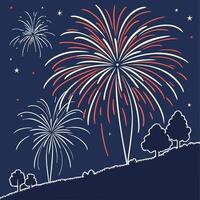 Night Sky Fireworks Display Over Silhouetted Trees vector