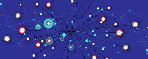a network of dots and circles on a blue background vector