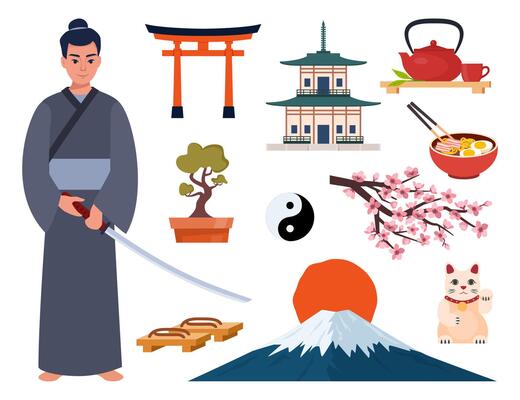 Japanese Traditional culture symbols. Samurai, katana, Mount Fuji, bonsai, Maneki Neko lucky cat, sakura, pagoda, bamboo, sushi, sumo, torii gate. Travel to Japan. illustration.