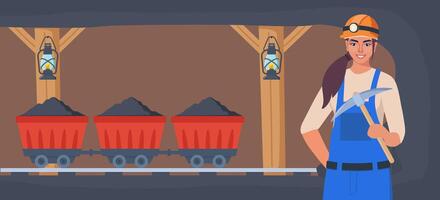Coal mine tunnel. Trolley with coal in old mining cave interior. Miner woman character, coal or minerals mining, Girl worker in uniform with pickaxe. Coal mine tunnel. Extraction Industry. . vector